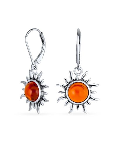 Bling Jewelry Серьги-подвески с оранжевым янтарём в форме солнца, серебро .925
