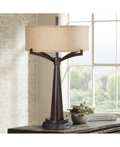 Possini Euro Design Tremont Industrial Table Lamp 31 1/2" Tall Bronze Metal with Dimmable USB and Power Outlet Burlap Drum Shade for Living Room House