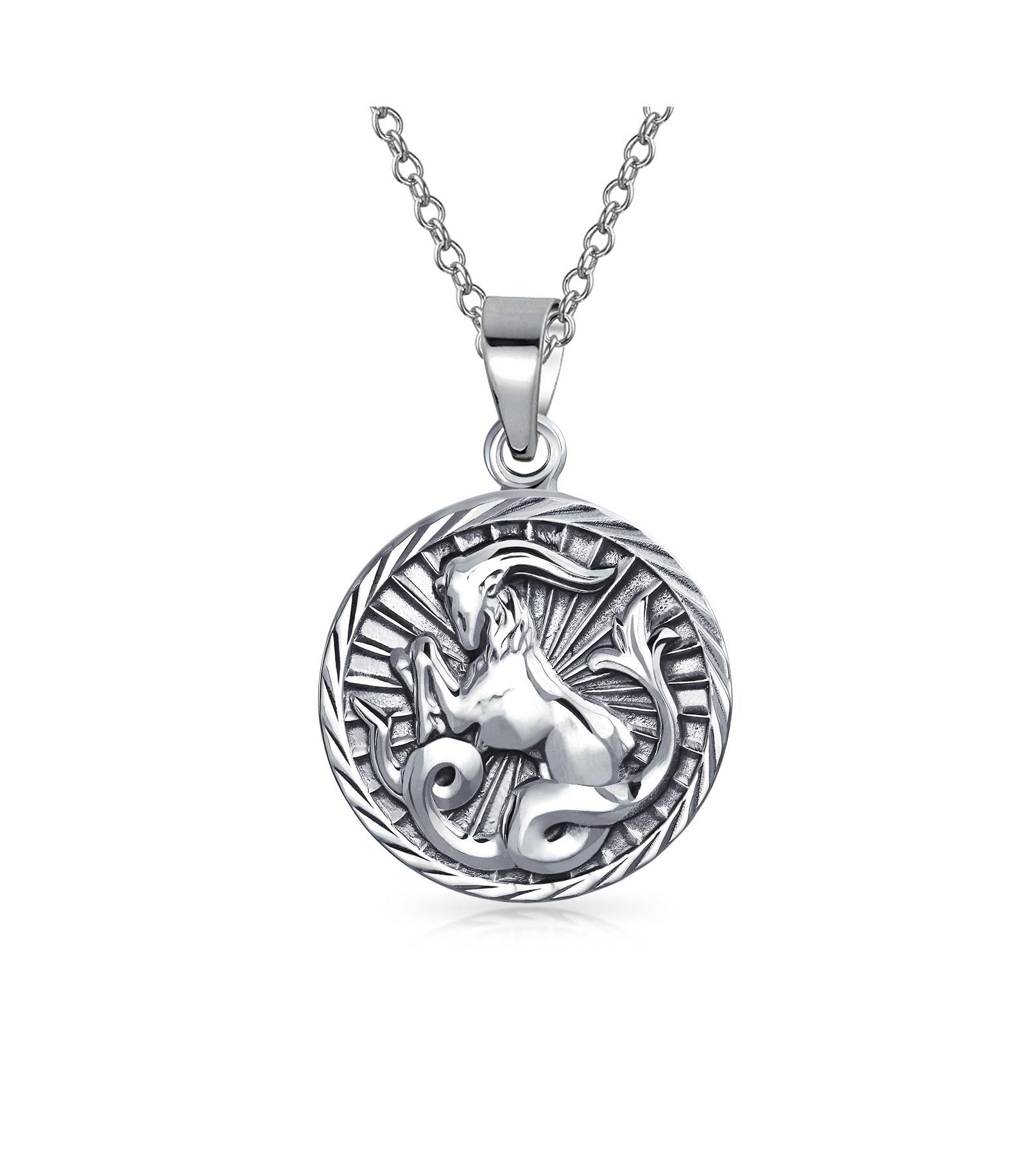 Bling Jewelry Astrology Zodiac Capricorn Sign Pendant Round Necklace .925 Sterling Silver