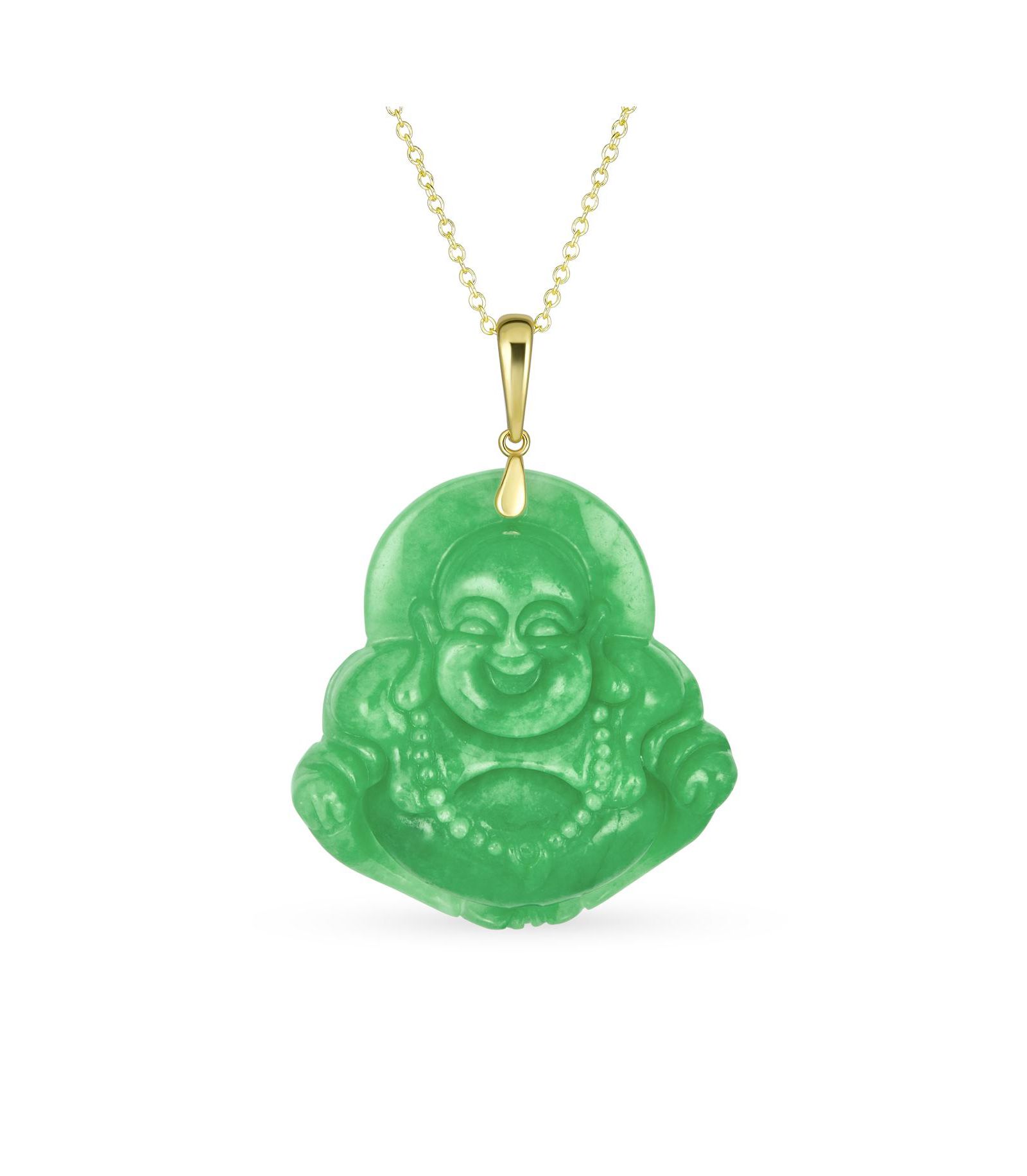 Bling Jewelry Natural Jade Laughing Buddha Pendant Necklace Gold Plated Sterling Silver