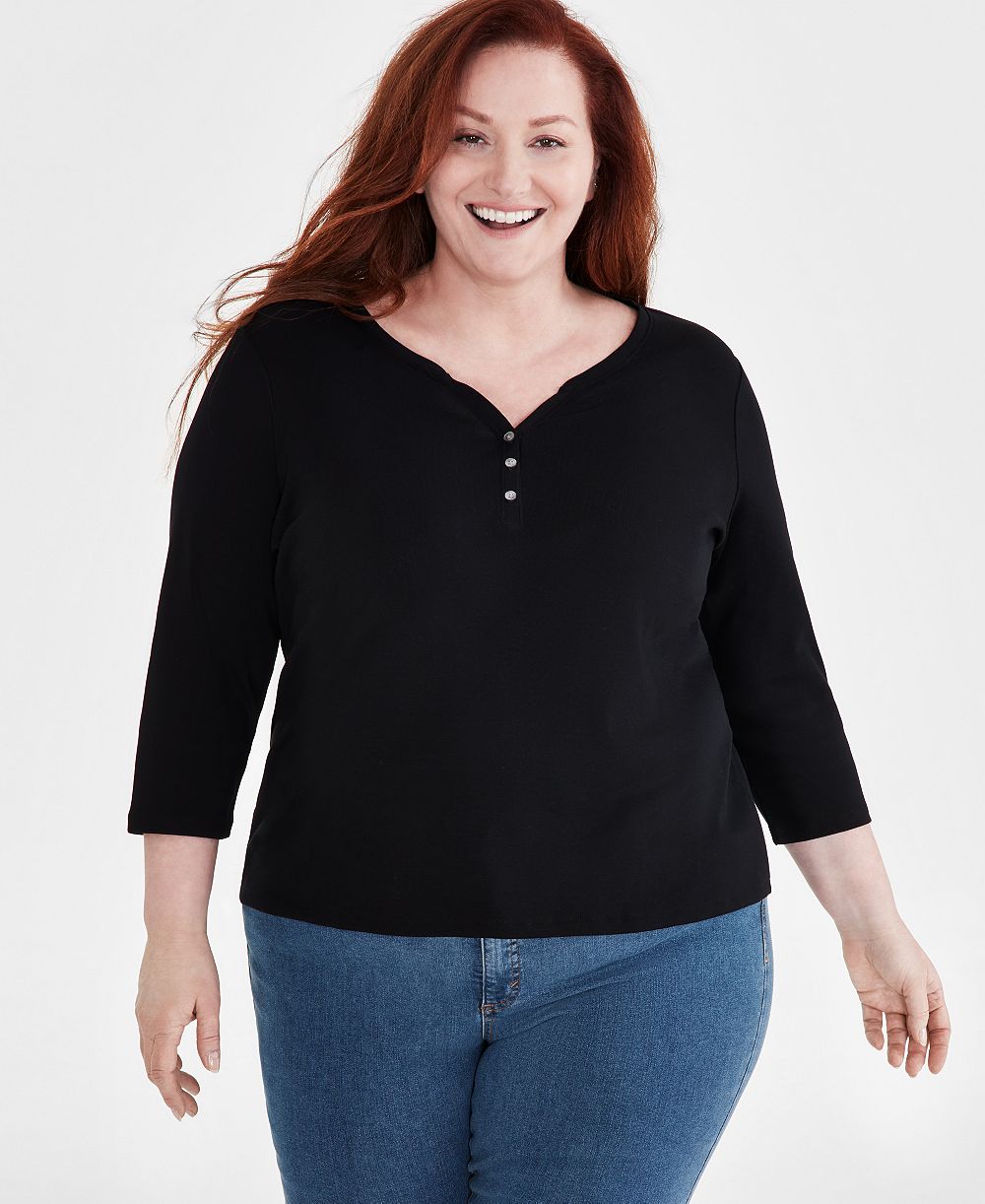 Style & Co Plus Size 3/4-Sleeve Henley Tee, Macy's Exclusive