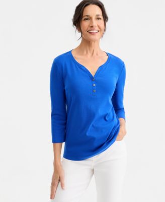 Женская хлопковая футболка Henley с рукавом 3/4 Style & Co
