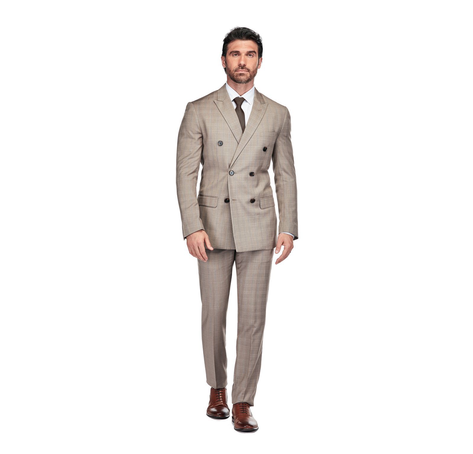 Gino Vitale Men's 2 Piece Slim Fit Brown Check Double Breasted Suit