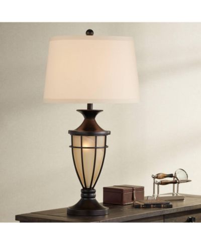 Franklin Iron Works Mission Table Lamp with Nightlight 33" Tall Champagne Glass Brushed Iron Cage Beige Fabric Shade for Living Room Family