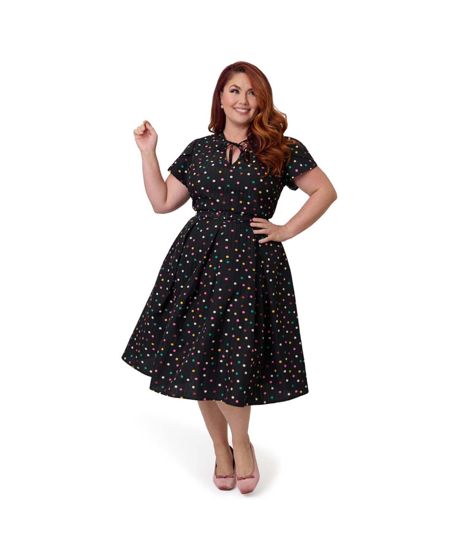 Платье Unique Vintage Plus Size Short Petal Sleeve Tie Neck Dahlia Swing