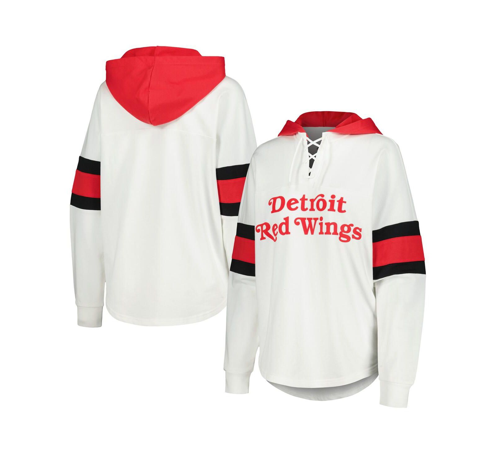 Women's G-III 4Her by Carl Banks White, Red Detroit Red Wings Goal Zone Long Sleeve Lace-Up Hoodie T-shirt