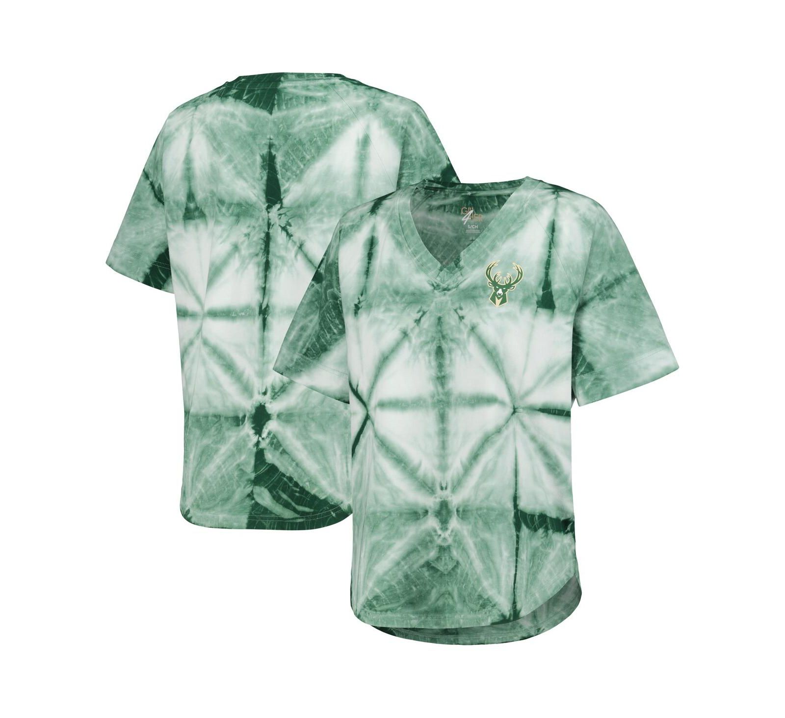 Women's G-III 4Her by Carl Banks Hunter Green Milwaukee Bucks Tournament Raglan Oversized Tie-Dye V-Neck T-shirt