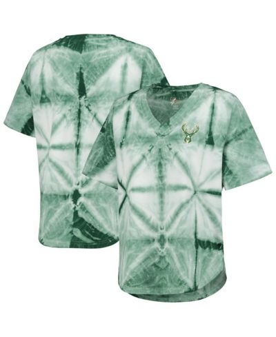 Women's G-III 4Her by Carl Banks Hunter Green Milwaukee Bucks Tournament Raglan Oversized Tie-Dye V-Neck T-shirt