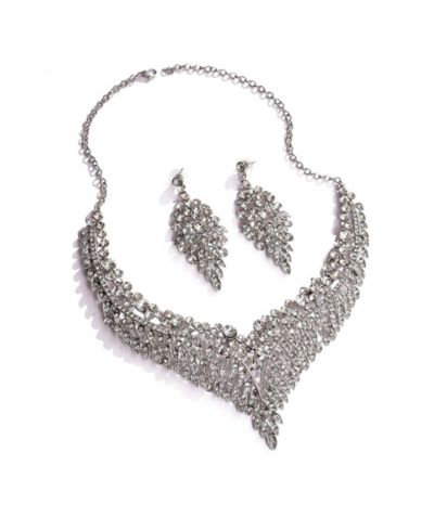SOHI Women's Silver Leaf Bling Cluster Necklace And Earrings (Set Of 2)
