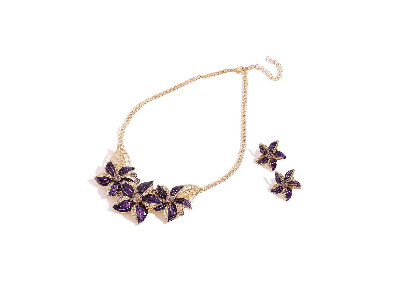 SOHI Women's Purple Enamel Flower Necklace And Earrings (Set Of 2)