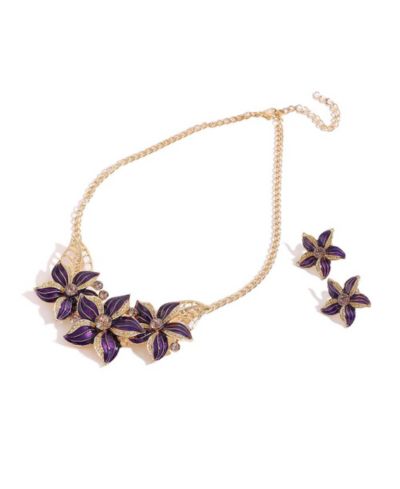 SOHI Women's Purple Enamel Flower Necklace And Earrings (Set Of 2)