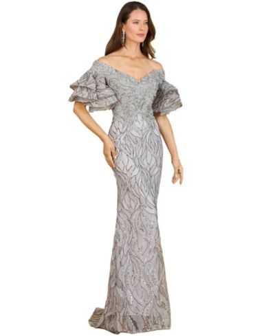 Lara Women's Off shoulder mermaid beaded gown with tiered sleeves