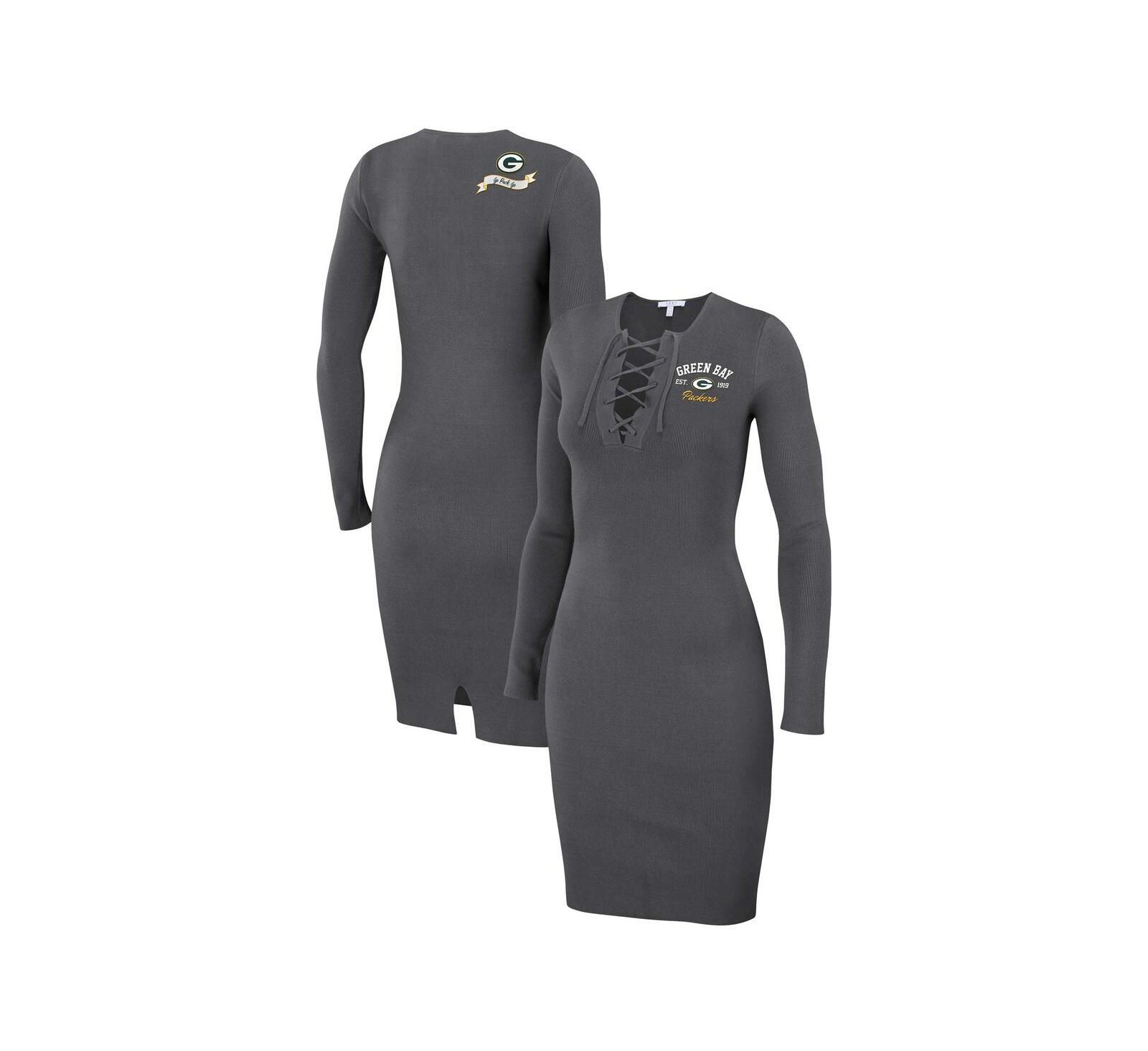 WEAR by Erin Andrews Женское платье с длинным рукавом Green Bay Packers Lace Up, цвет Charcoal