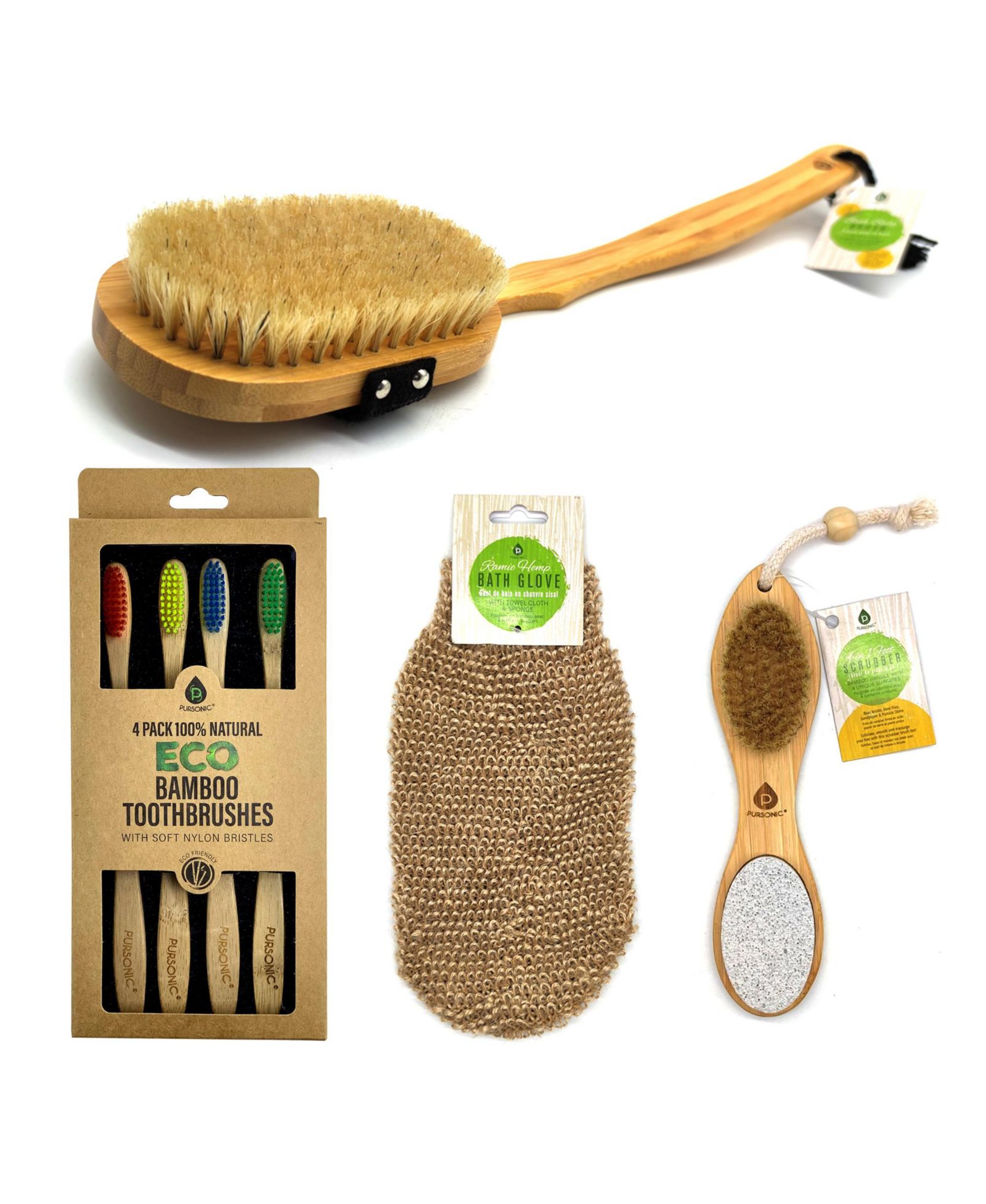 Pursonic Eco-Friendly Bath and Oral Care Bundle: Bamboo Toothbrushes, Long Bath Brush, Sisal Gloves, and Callus-Removing 3-Sided Brush