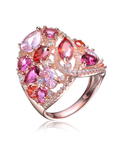 Genevive Dazzling 18K Rose Gold Plated Mixed-Cut Cluster CZ Wide Ring