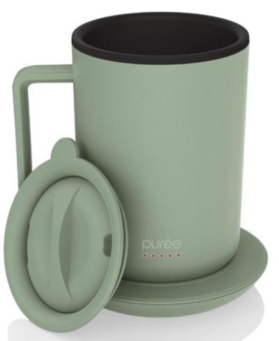 Tzumi Puree Warming Coffee Mug, 12 oz. Stainless Steel Coffee Mug with Mug Warmer Coaster and Lid