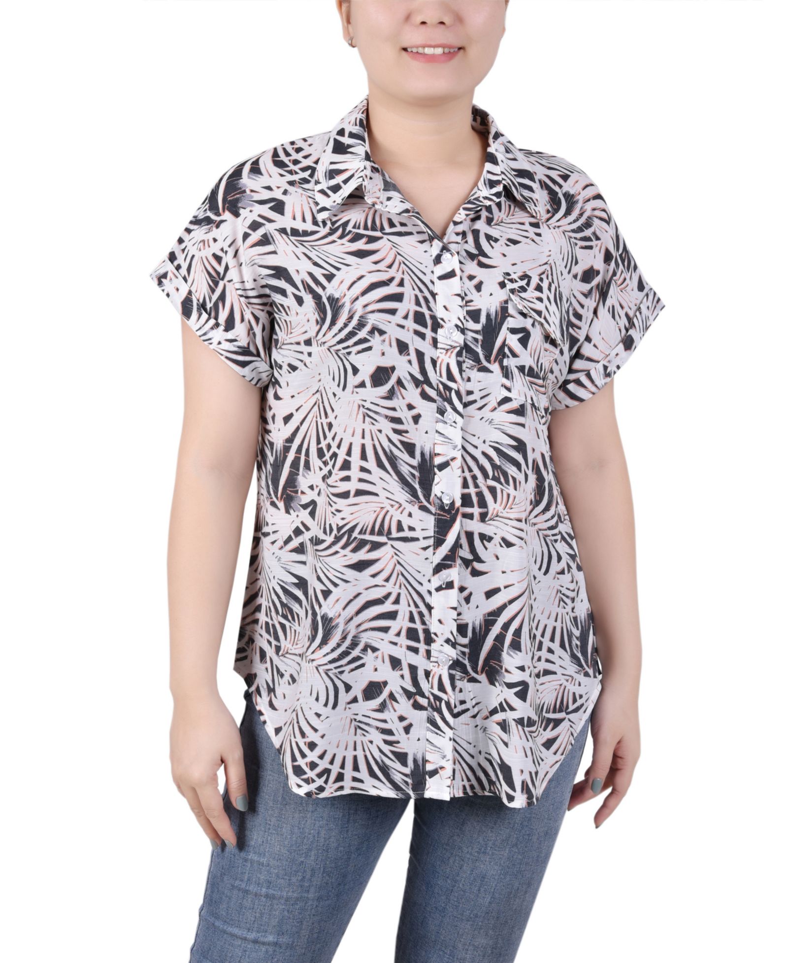 NY Collection Women's Short Rolled Sleeve Button Front Blouse