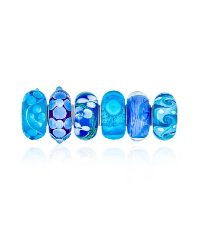 Bling Jewelry .925 Sterling Silver Mixed Blue Murano Glass Swirl Flower Charm Bead Spacer for Bracelet (Set of 6)