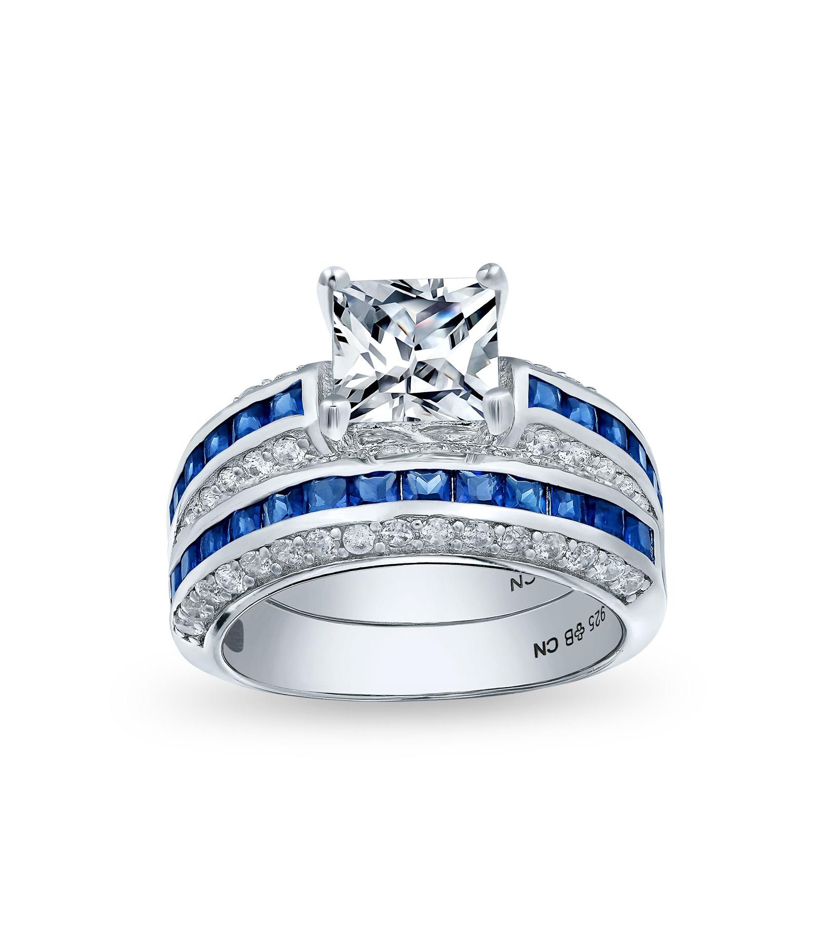 Bling Jewelry 3CT Art Deco Style Princess Cut Blue CZ Anniversary Ring Band Set Sterling Silver