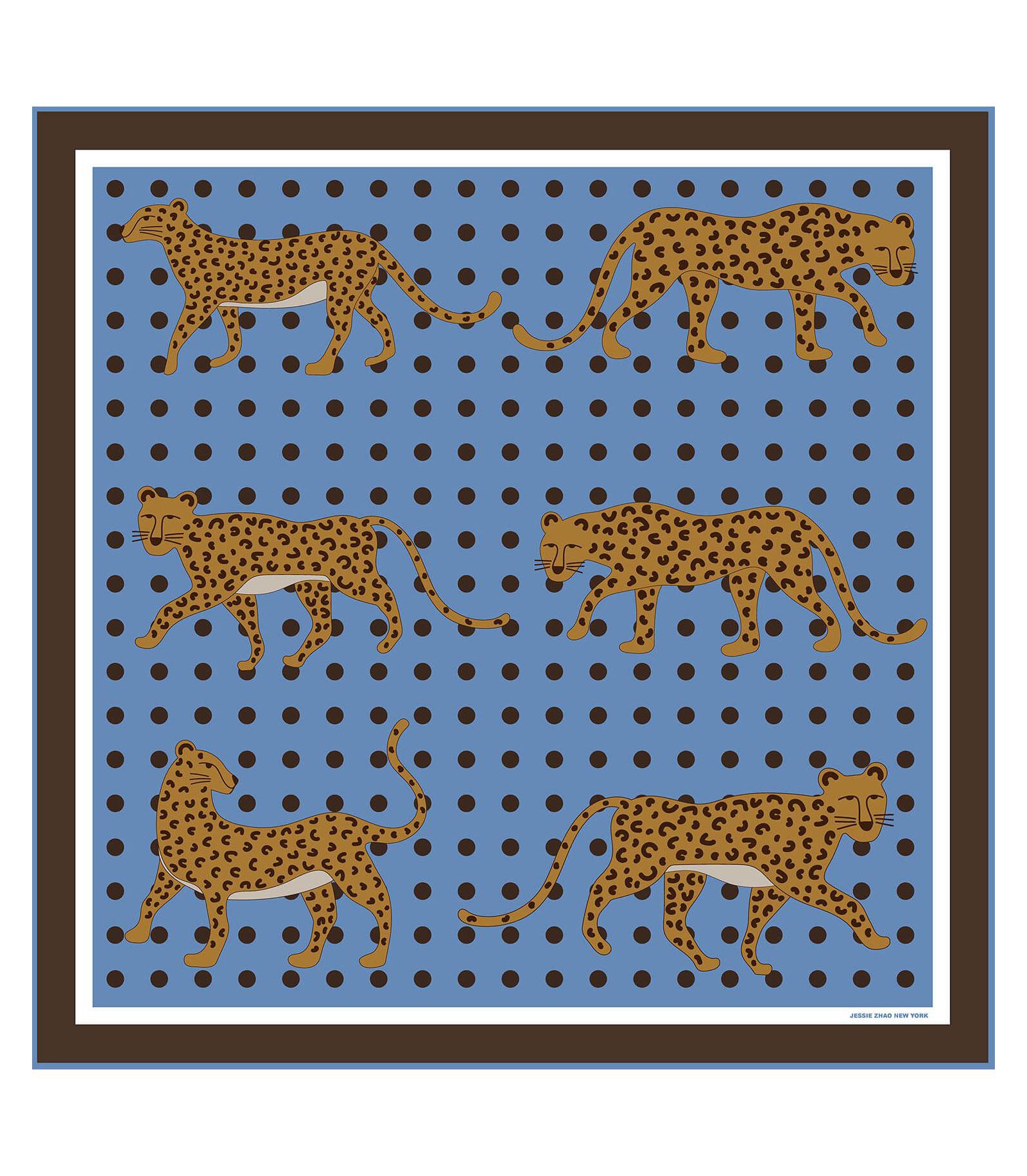 Шарф шелковый двусторонний Jessie Zhao New York Blue Leopards Garden