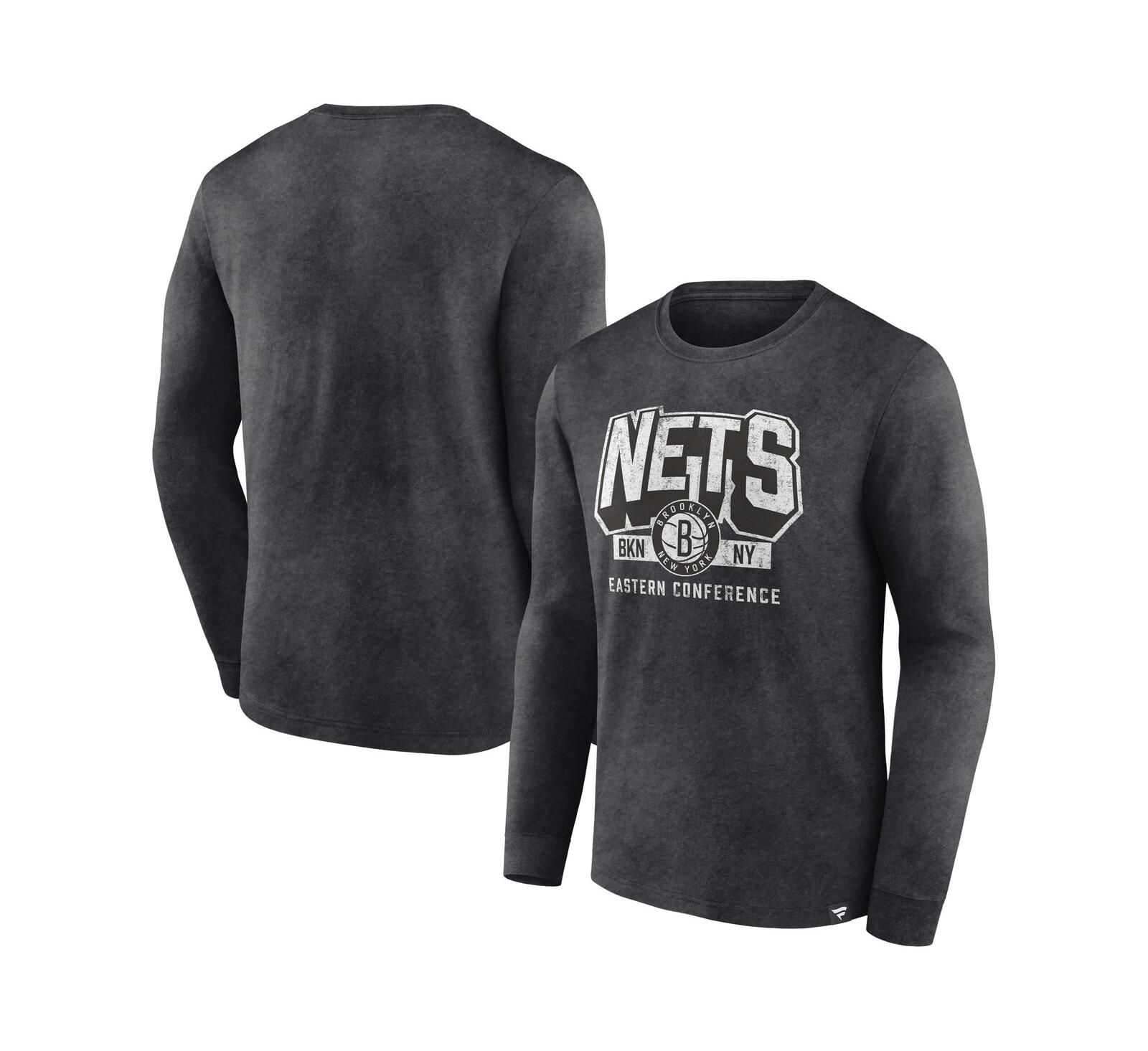 Men's Fanatics Heather Charcoal Distressed Brooklyn Nets Front Court Press Snow Wash Long Sleeve T-shirt