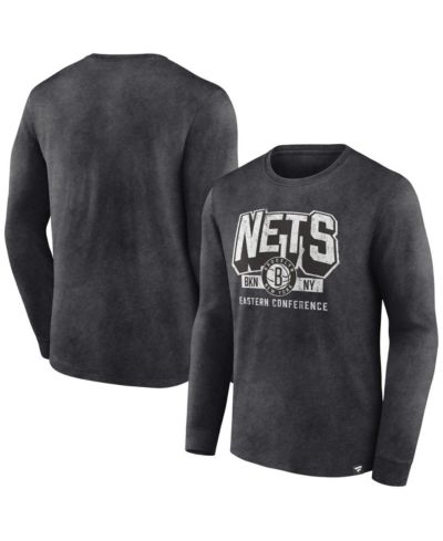 Men's Fanatics Heather Charcoal Distressed Brooklyn Nets Front Court Press Snow Wash Long Sleeve T-shirt