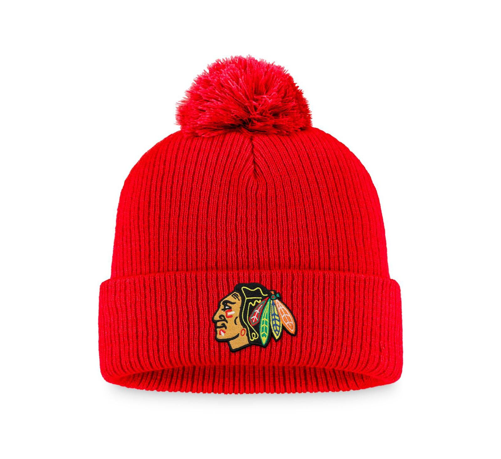 Men's Fanatics Red Chicago Blackhawks Core Primary Logo Cuffed Knit Hat with Pom