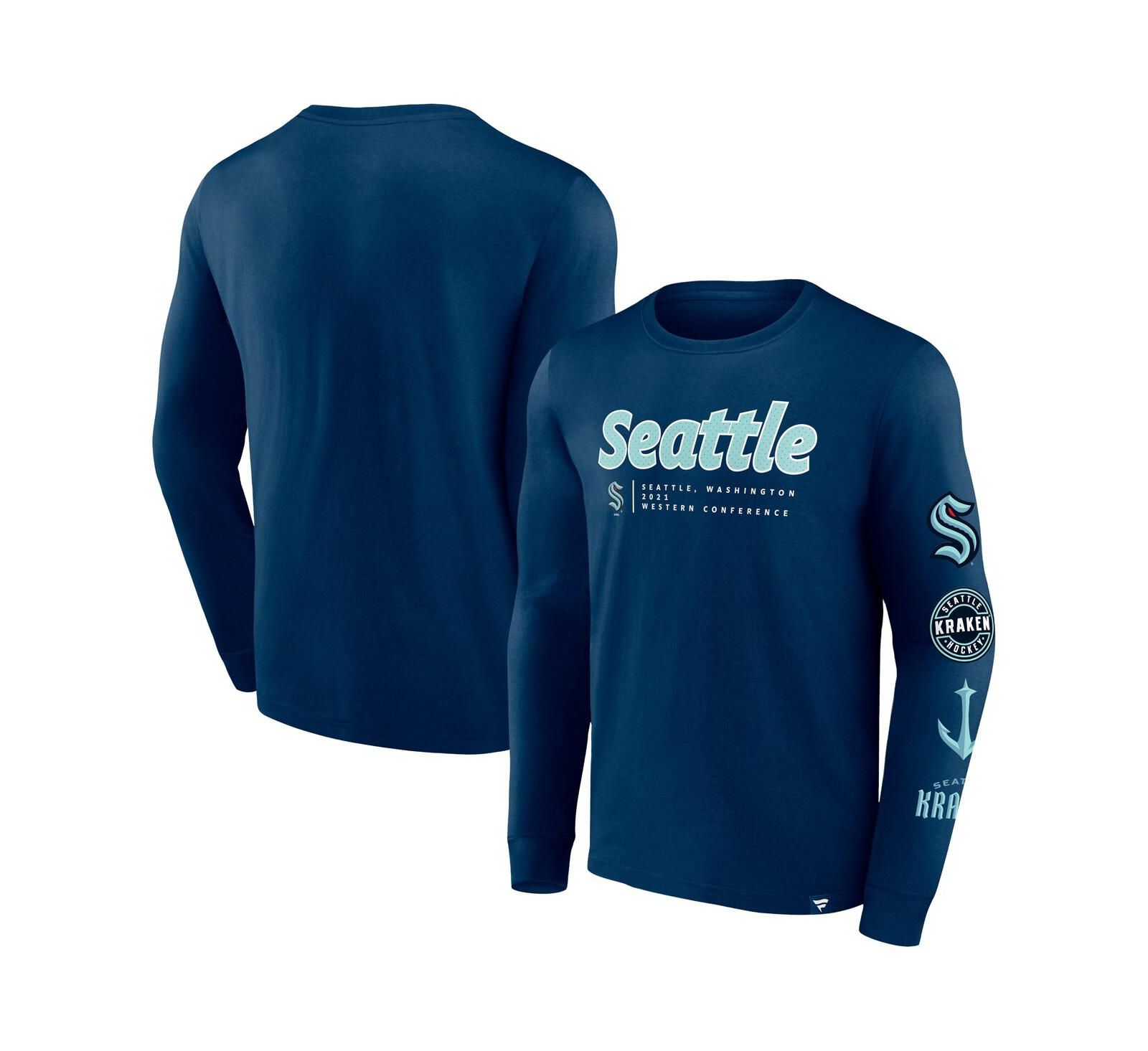 Мужская футболка Fanatics Deep Sea Blue Seattle Kraken Strike the Goal Long Sleeve T-shirt