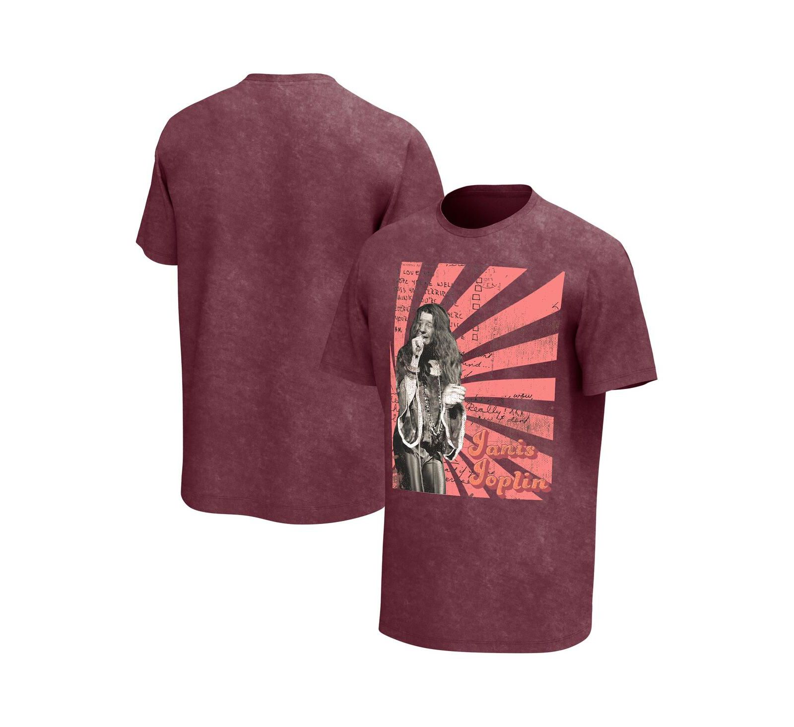 Men's Maroon Distressed Janis Joplin Scripts Washed Graphic T-shirt
