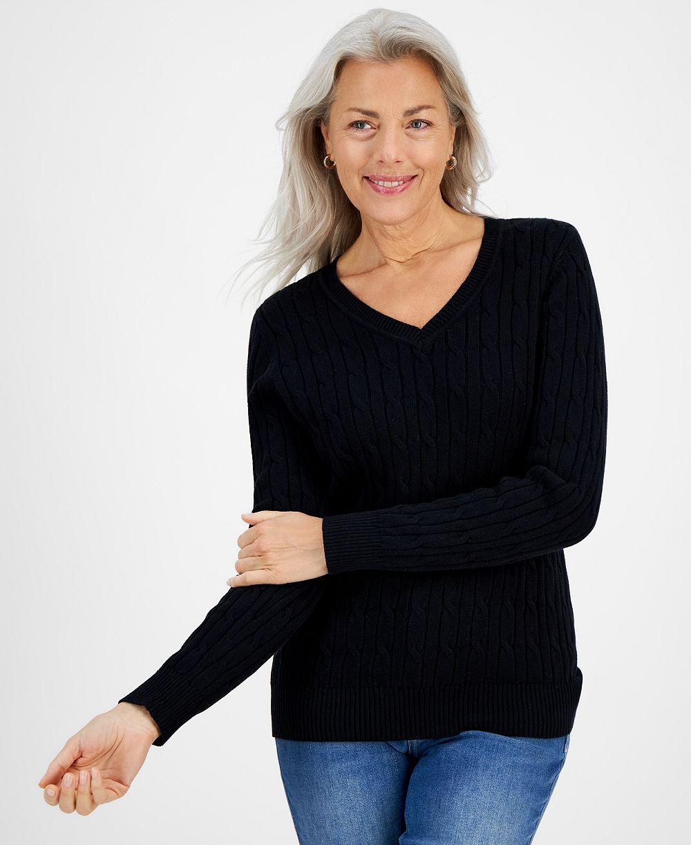 Style & Co Женский Cotton Cable-Knit V-Neck Sweater