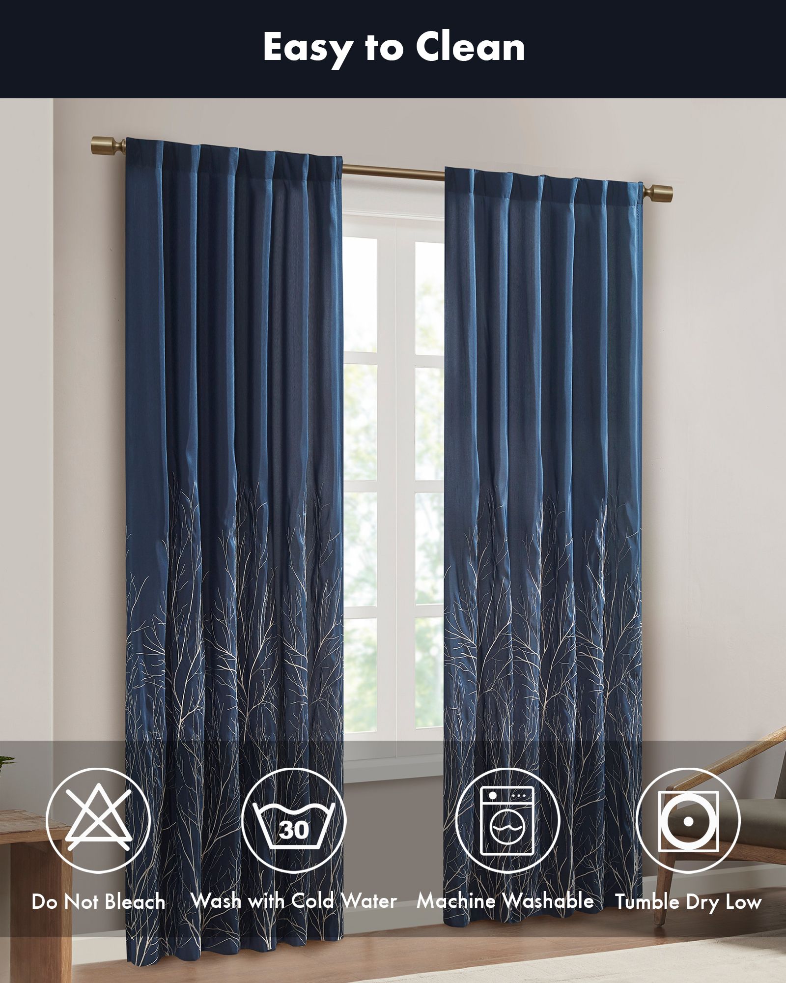 Andora Botanical Embroidered Curtain Panel, Single Curtain with Privacy Lining for Bedroom and Living Room