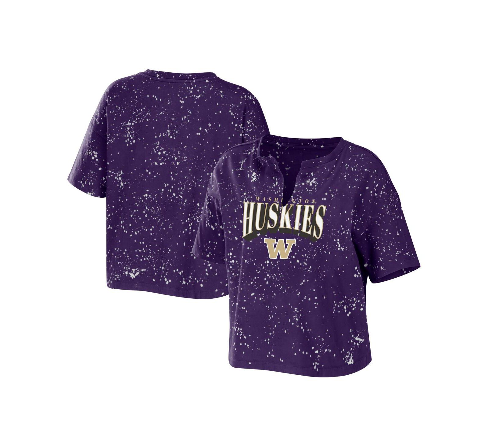 Женская футболка WEAR by Erin Andrews Purple Washington Huskies Bleach Wash Splatter Cropped Notch Neck
