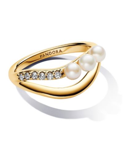 Pandora Treated Freshwater Cultured   Pearl   Shaped Double Band with Clear Cubic Zirconia Stone Ring in 14k Gold-plated