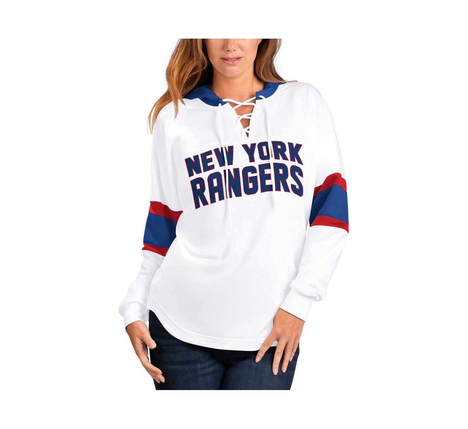 Women's G-III 4Her by Carl Banks White, Blue New York Rangers Goal Zone Long Sleeve Lace-Up Hoodie T-shirt