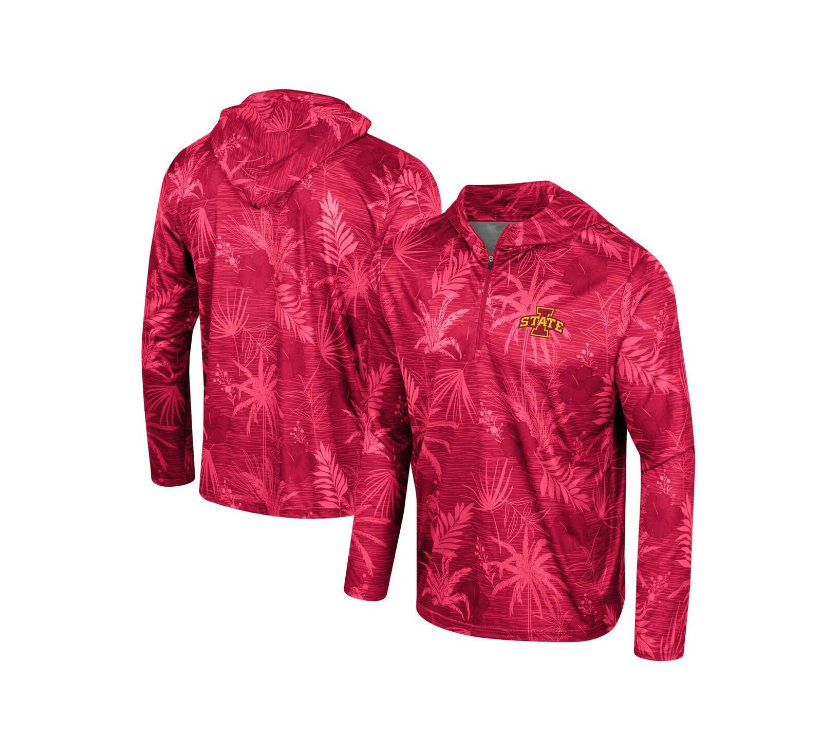 Men's Colosseum Cardinal Iowa State Cyclones Palms Printed Lightweight Quarter-Zip Hooded Top