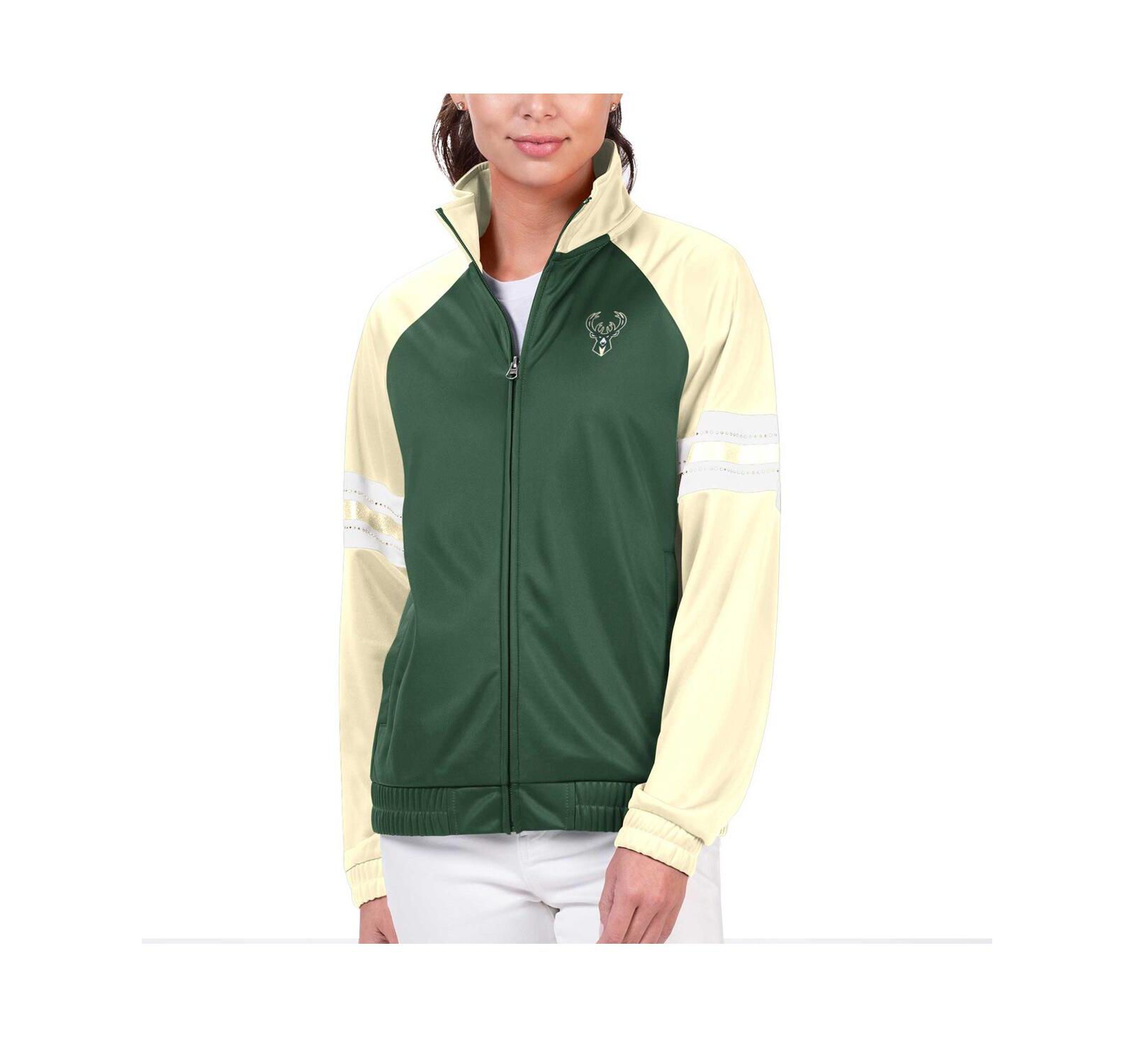 Women's G-III 4Her by Carl Banks Hunter Green Milwaukee Bucks Main Player Raglan Rhinestone Full-Zip Track Jacket