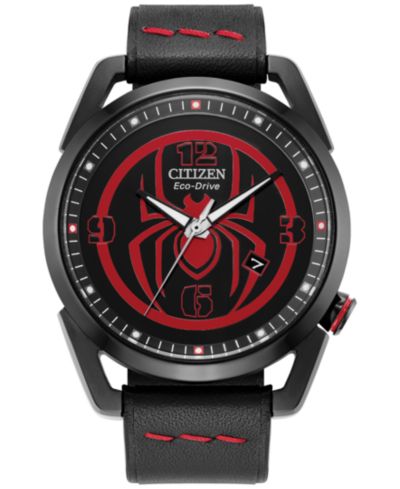 Citizen Eco-Drive Мужские часы Marvel Miles Morales, черный кожаный ремешок, 42mm