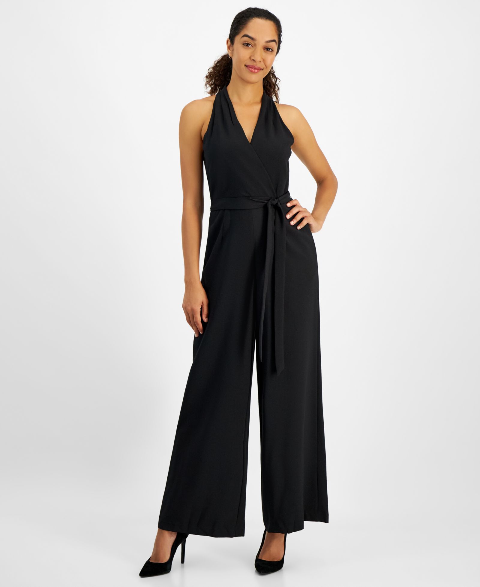julia jordan Women's Belted Wide-Leg Halter Jumpsuit