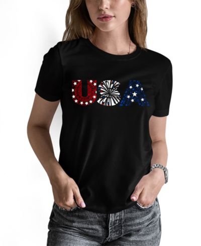 LA Pop Art Women's Word Art USA Fireworks T-Shirt