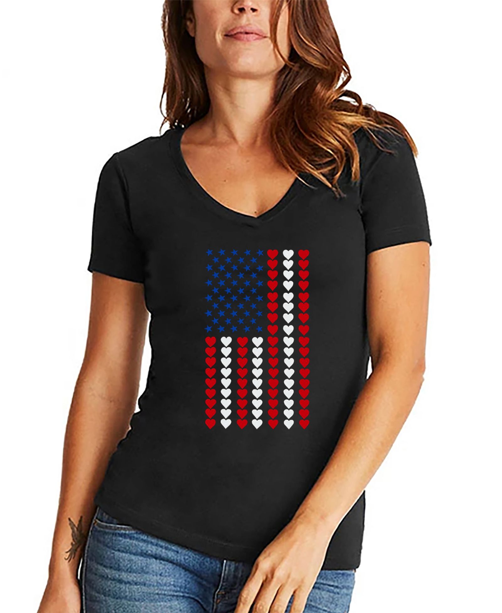 LA Pop Art Women's Word Art Heart Flag V-Neck T-Shirt