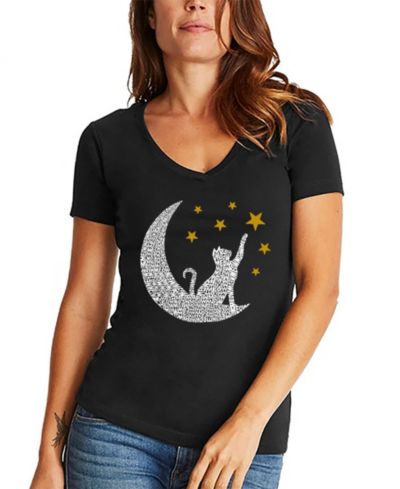 LA Pop Art Women's Word Art Cat Moon V-Neck T-Shirt