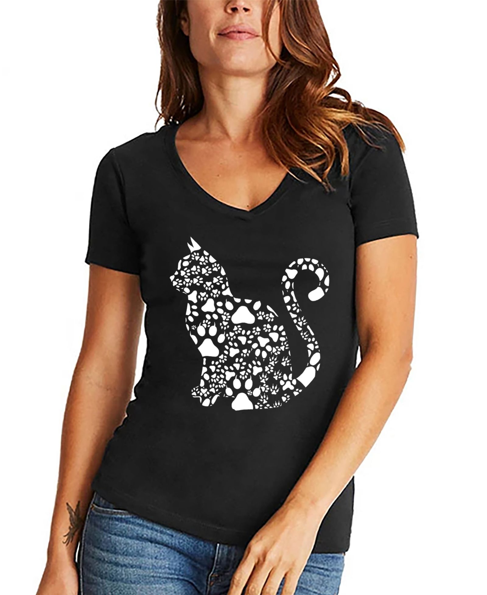 LA Pop Art Women's Word Art Cat Paws V-Neck T-Shirt