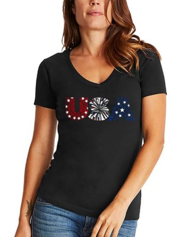 Женская футболка LA Pop Art Word Art USA Fireworks V-Neck