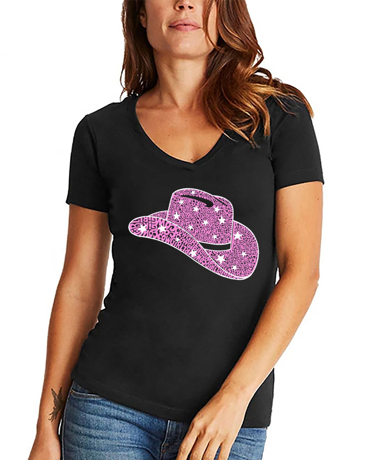 LA Pop Art Women's Word Art Cowgirl Hat V-Neck T-Shirt