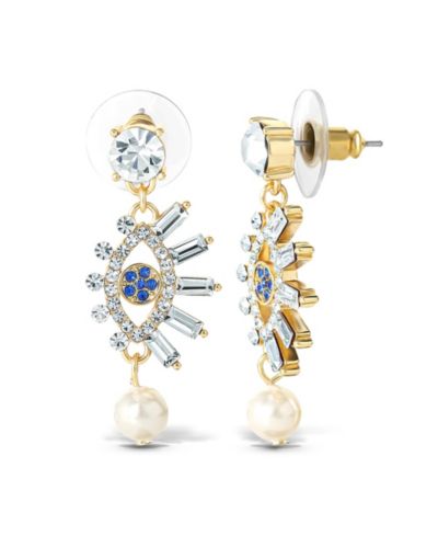 Jessica Simpson Womens Evil Eye Dangle Earrings - Gold-Tone Evil Eye Earrings with Pearl and Rhinestones
