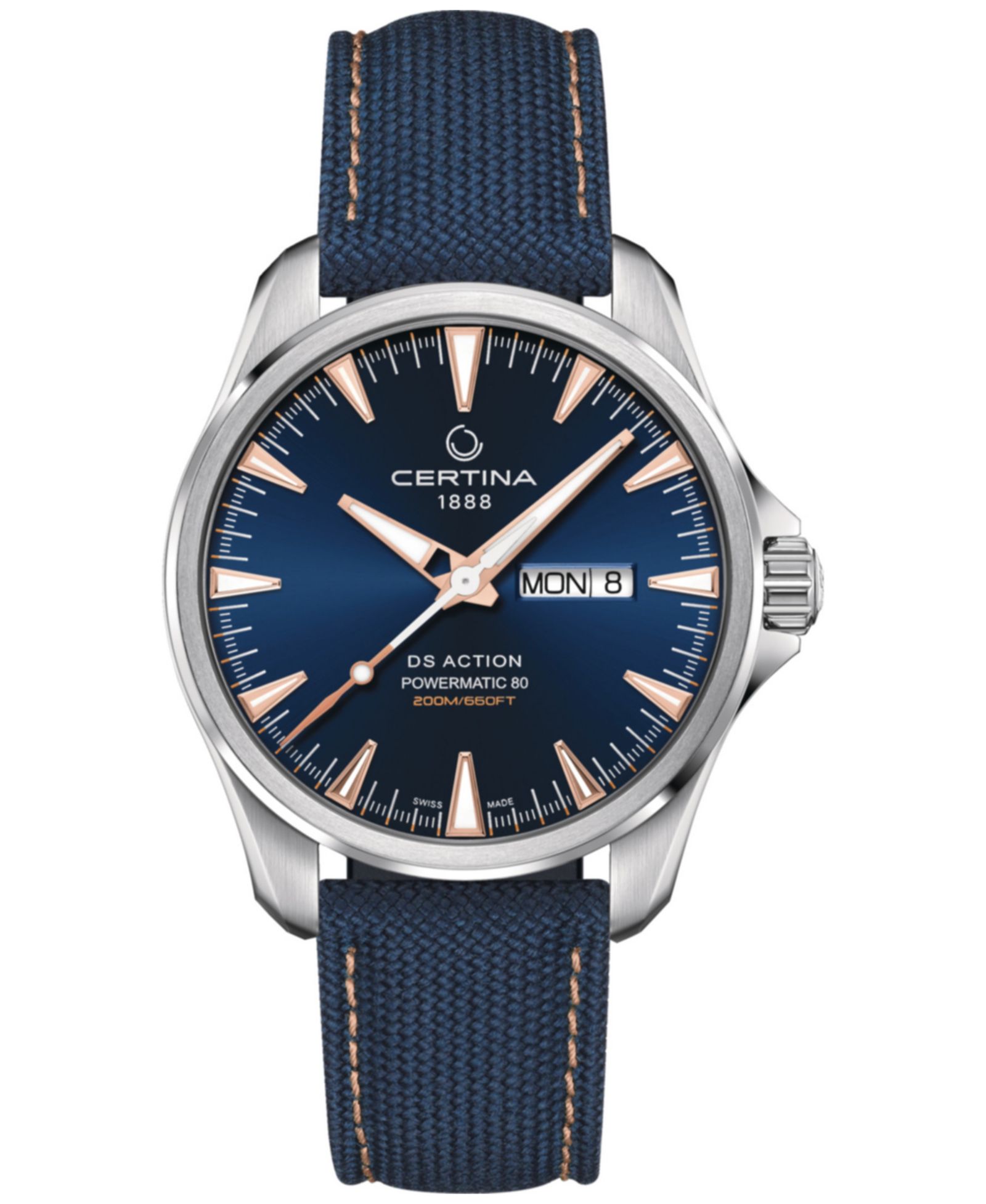 Certina Men's Swiss Automatic DS Action Day-Date Powermatic 80 Blue Synthetic Strap Watch 41mm