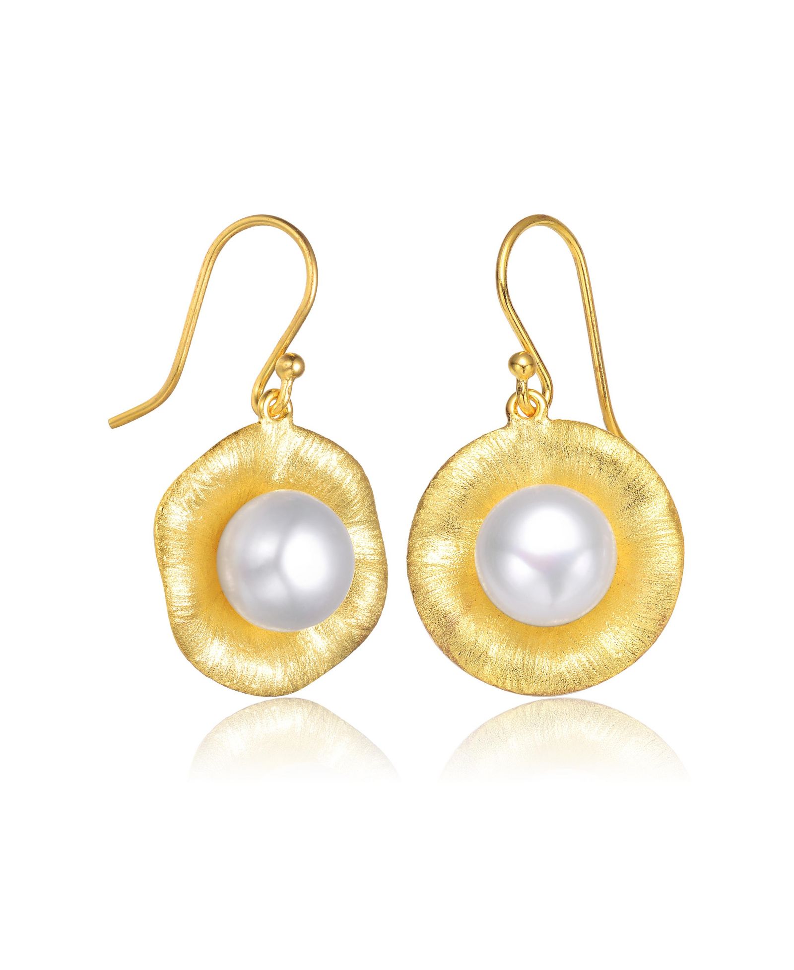 Sterling Silver 14K Gold Plated with Genuine Freshwater Round Pearl Hook Earrings