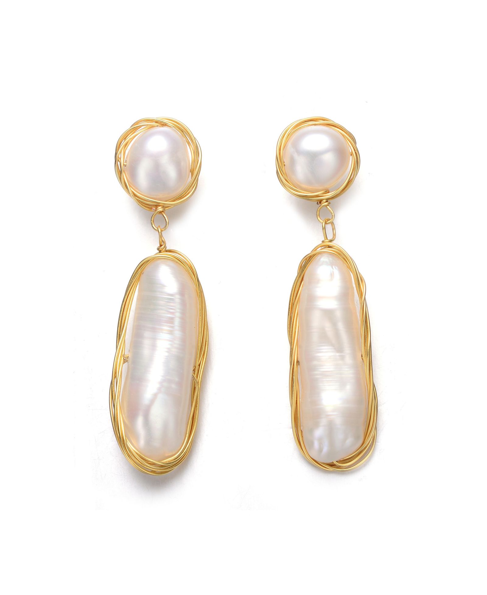 Genevive Unique 14K Gold Plated Wire Wrapped Pearl Statement Earrings