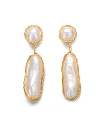 Genevive Unique 14K Gold Plated Wire Wrapped Pearl Statement Earrings
