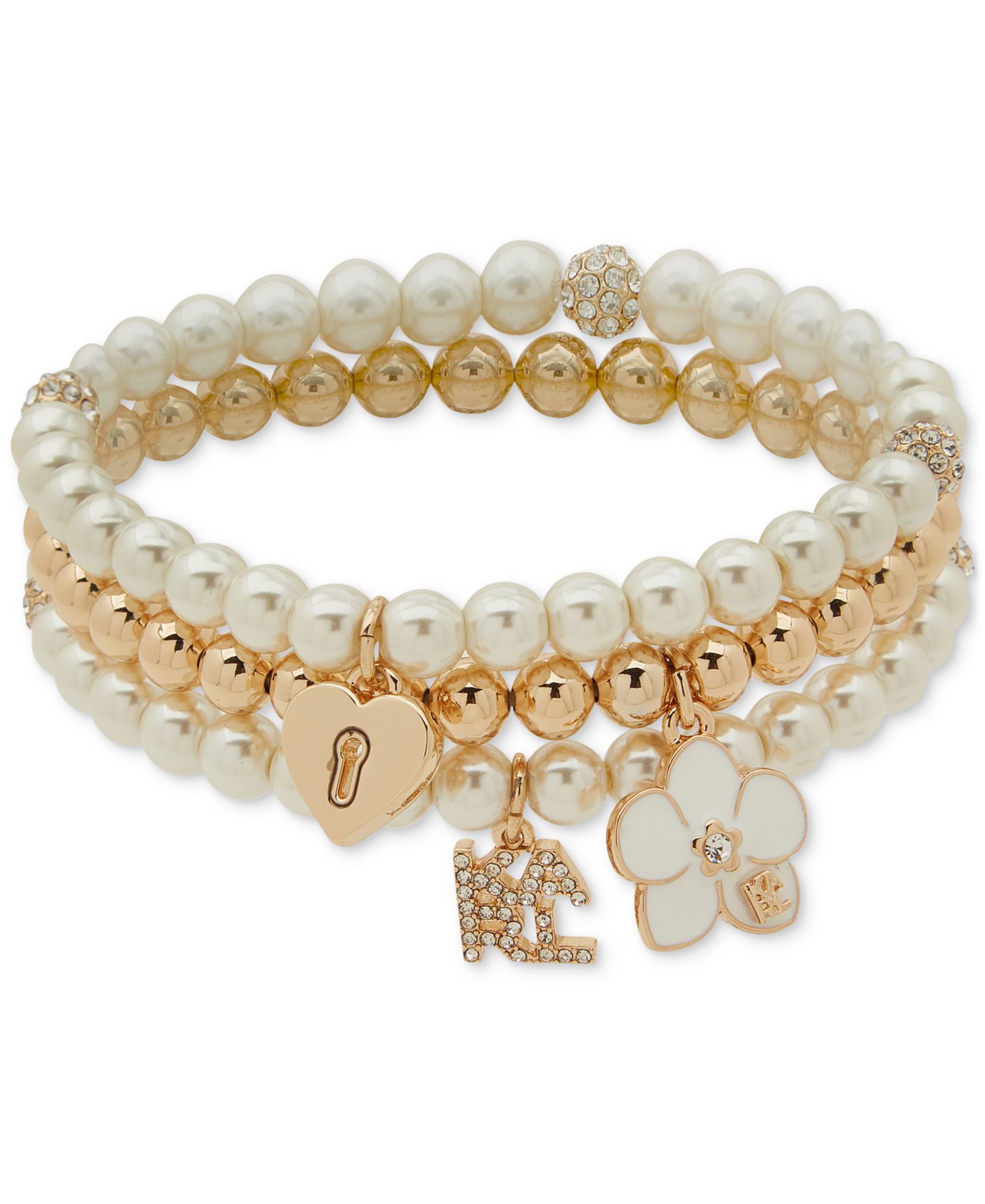 KARL LAGERFELD PARIS Gold-Tone Imitation Pearl Three Row Charm Orchid Stretch Bracelet